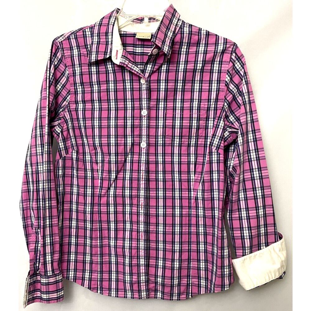 LL Bean Pink Plaid Long Sleeve Button Down Shirt Women's Size Medium-Reg